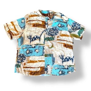 Jams World Chat Print Shirt XL Cat Print Crinkle Rayon Made in Hawaii Vintage Art Shirt Tous Les Chats Sont Gris Abstract Graphic Top Unisex