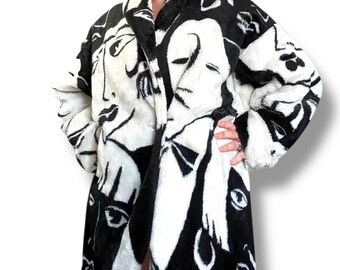 1980s 1990s Donnybrook Art Deco Vegan Fur Faces Coat, Vintage 80s