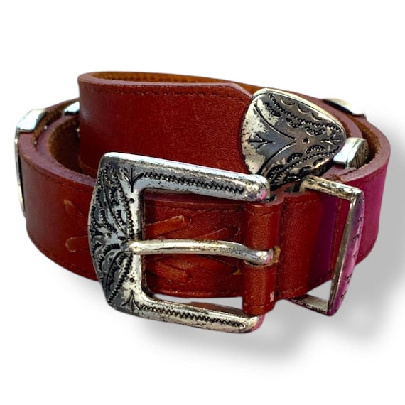 Vintage Brown Leather Western Belt, Concho Accents, Tooled  display picture 1