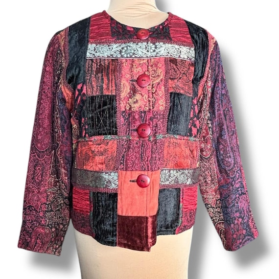 Half Moon Bay Red Black Patchwork Jacket Boho Fes… - image 1