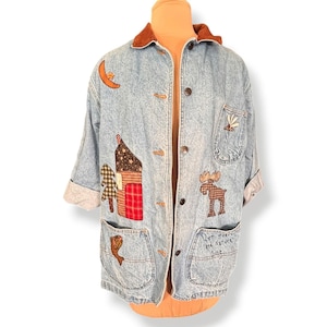 Vintage 90s Custom Upcycled Denim Patchwork Cabin Chore Barn Jacket Nature Art