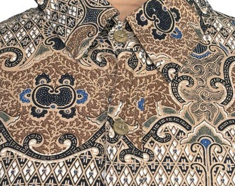 Abstract Paisley Shirt XL Boho Button Up Top Brown Blue Cotton India