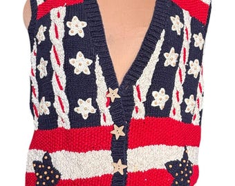 90s Americana Flag Sweater Vest Belle Pointe Red White Blue Star Knit Button Front Patriotic 90s Western Cotton Ramie Medium