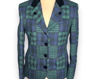 Vintage Plaid Wool Blazer: J McLaughlin, Black Velvet Collar, Size 10