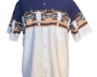 Jaren 90 Y2K westernshirt XL blauw steer Skull Azteekse print drukknoop rodeo Cowboy Ranch Southwest grafisch shirt