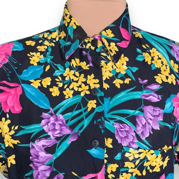 Vintage 80s Floral Shirt, Black Tropical Print Button-up, Medium