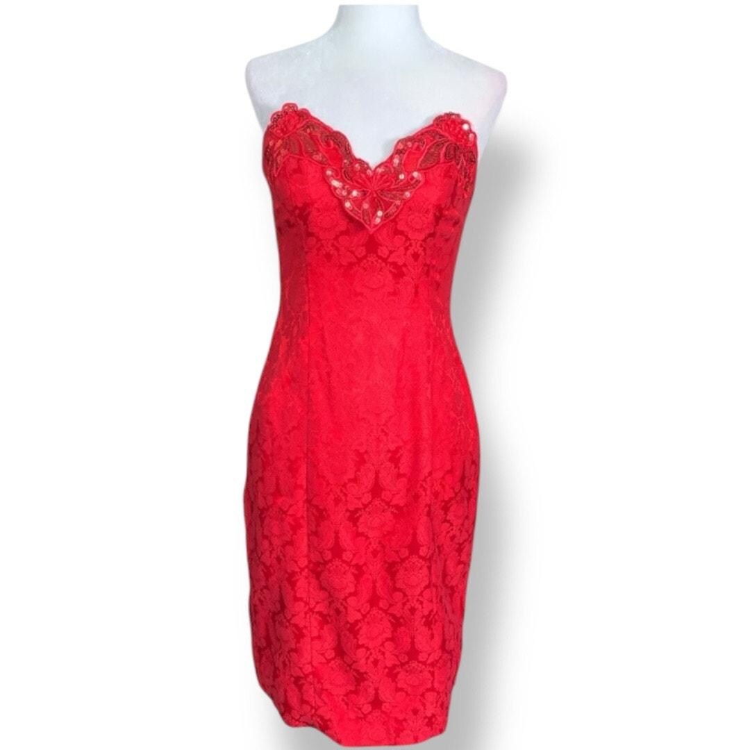 Red 4649 Vintage Zumzum Red Strapless Dress Embossed Floral Sequin Heart Detail ...
