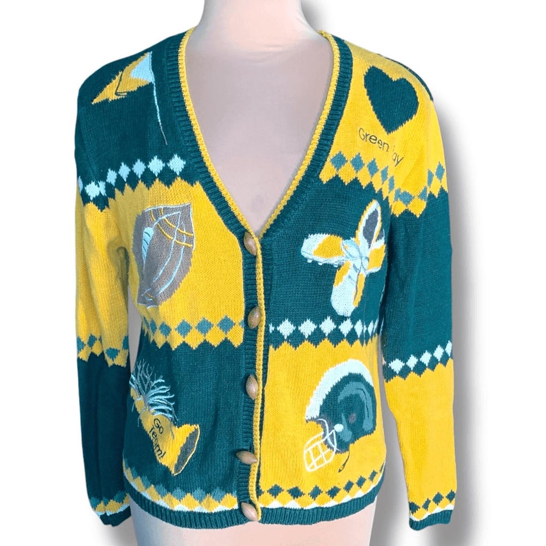 Vintage 90s Green Bay Packers Knit Cardigan, NFL Football Sweater