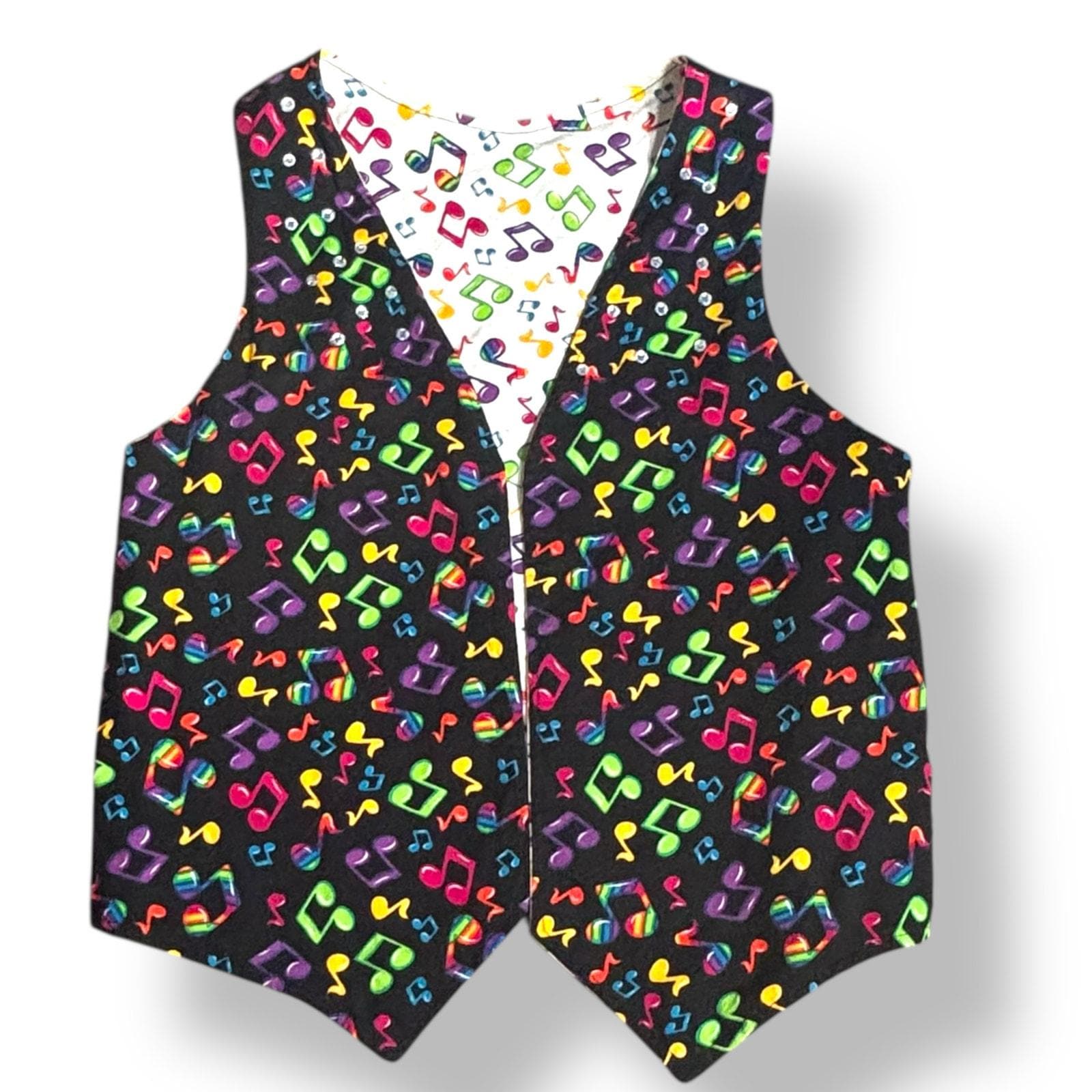 Reversible Music Note Vest: Handmade Rhinestone Embellished Open
