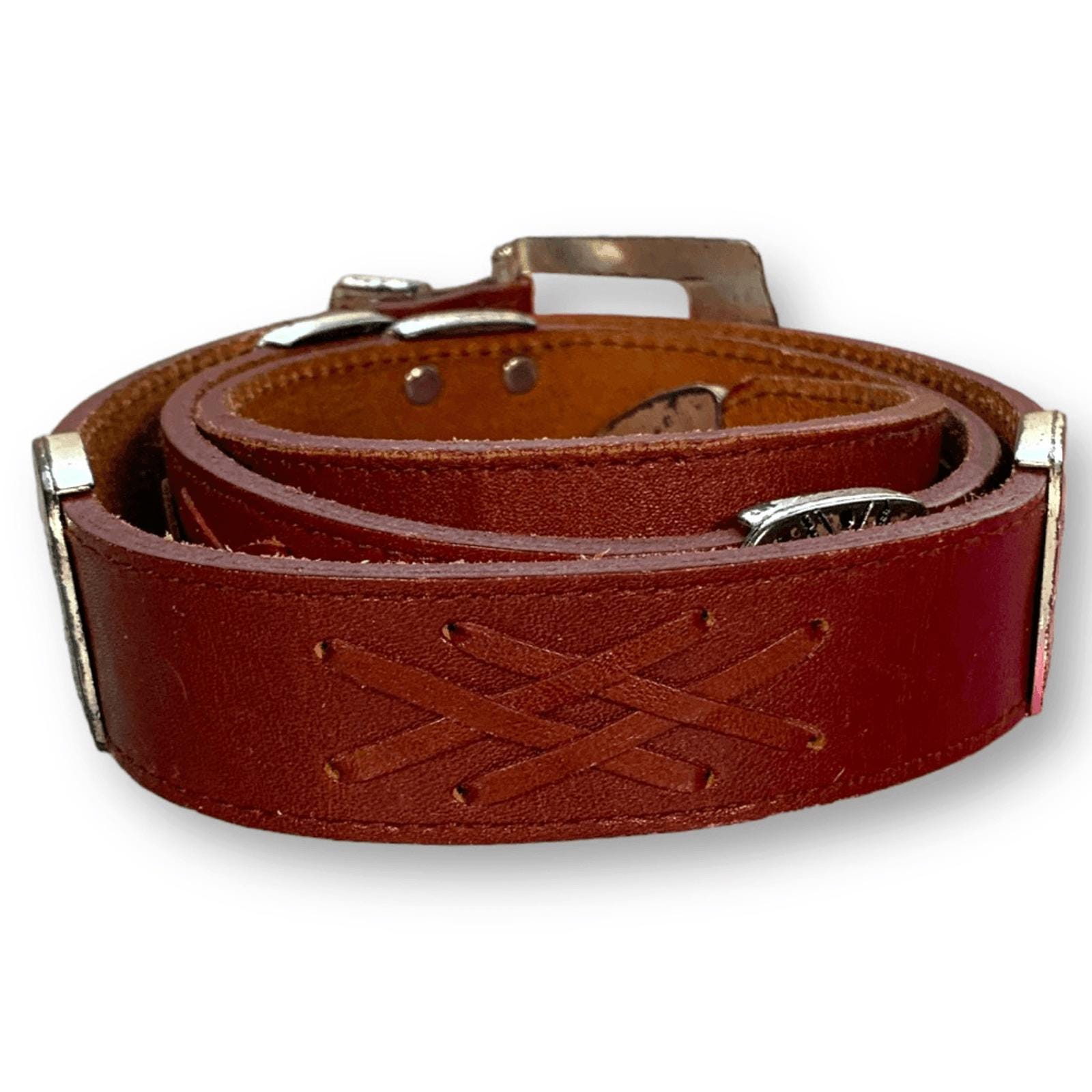 Vtg Southwestern Tooled Leather Belt Brown Mexico Alpaca Ornate Conchos 29-3\' Vintage New Early 1990s Classic Boho Western Genuine Silver  main image 2
