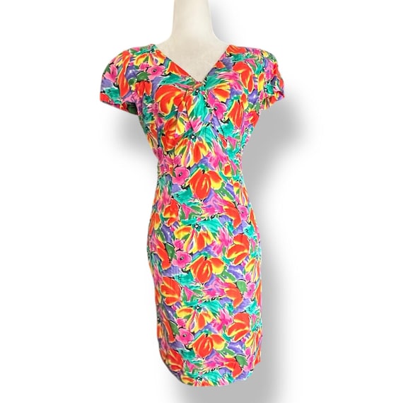90s Floral Rayon Wiggle Dress: Jessica Howard Petite Bow Detail