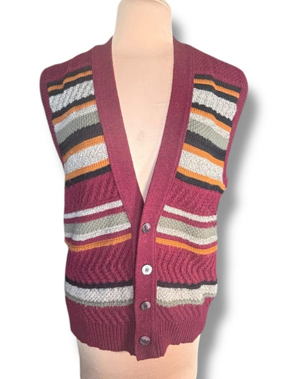 90s London Fog Striped Knit Sweater Vest - Burgun… - image 4
