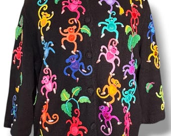 Cardigã Michael Simon Monkey, colorido, inovador, artístico, Y2K, com miçangas, estampa de animais da selva, tricô feminino, tamanho grande, peça colecionável para vestir. Arte vestível!