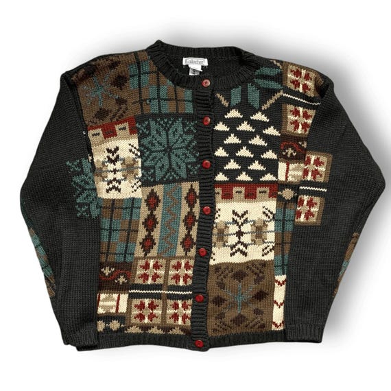 Vintage Nordic Patchwork Cardigan: Wool Blend Kni… - image 2