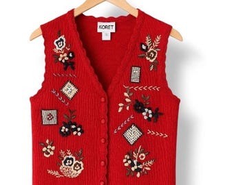 90er Jahre Bestickte Florale Strick Pulli Weste, Cottagecore Oma Chic (Größe M)