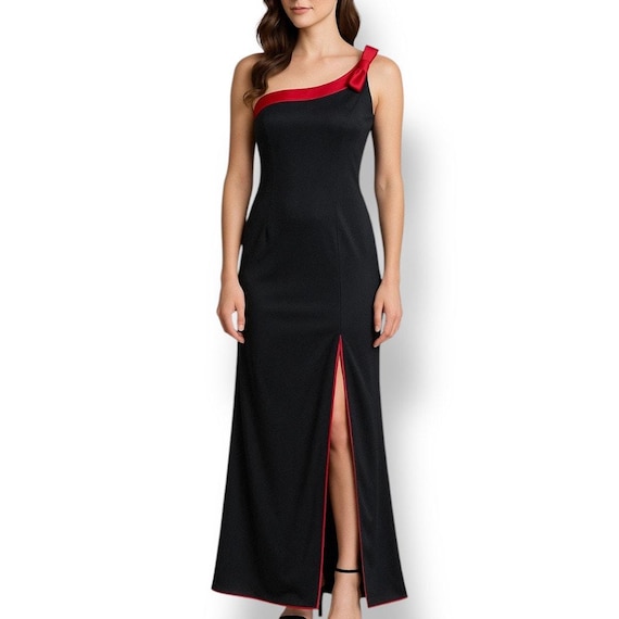 90s Rampage One Shoulder Gown: Black Column Maxi Dress with Red Satin Trim