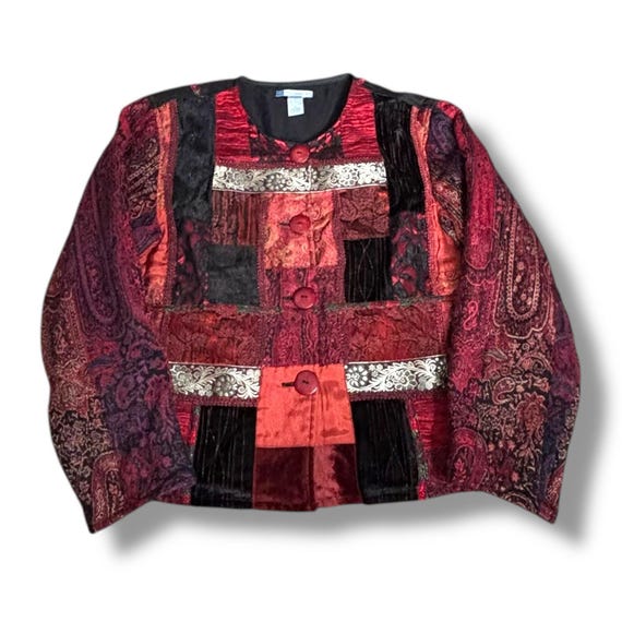 Half Moon Bay Red Black Patchwork Jacket Boho Fes… - image 10