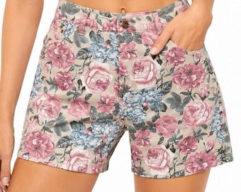 Deadstock Vintage Floral Bermuda Shorts Made in USA 90s High Waist Tan Pink Blue Rose Print Cotton Shorts Cottagecore Romantic Summer