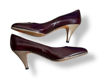 Vintage Burgundy Leather Pointed Toe Heels, Size 7N