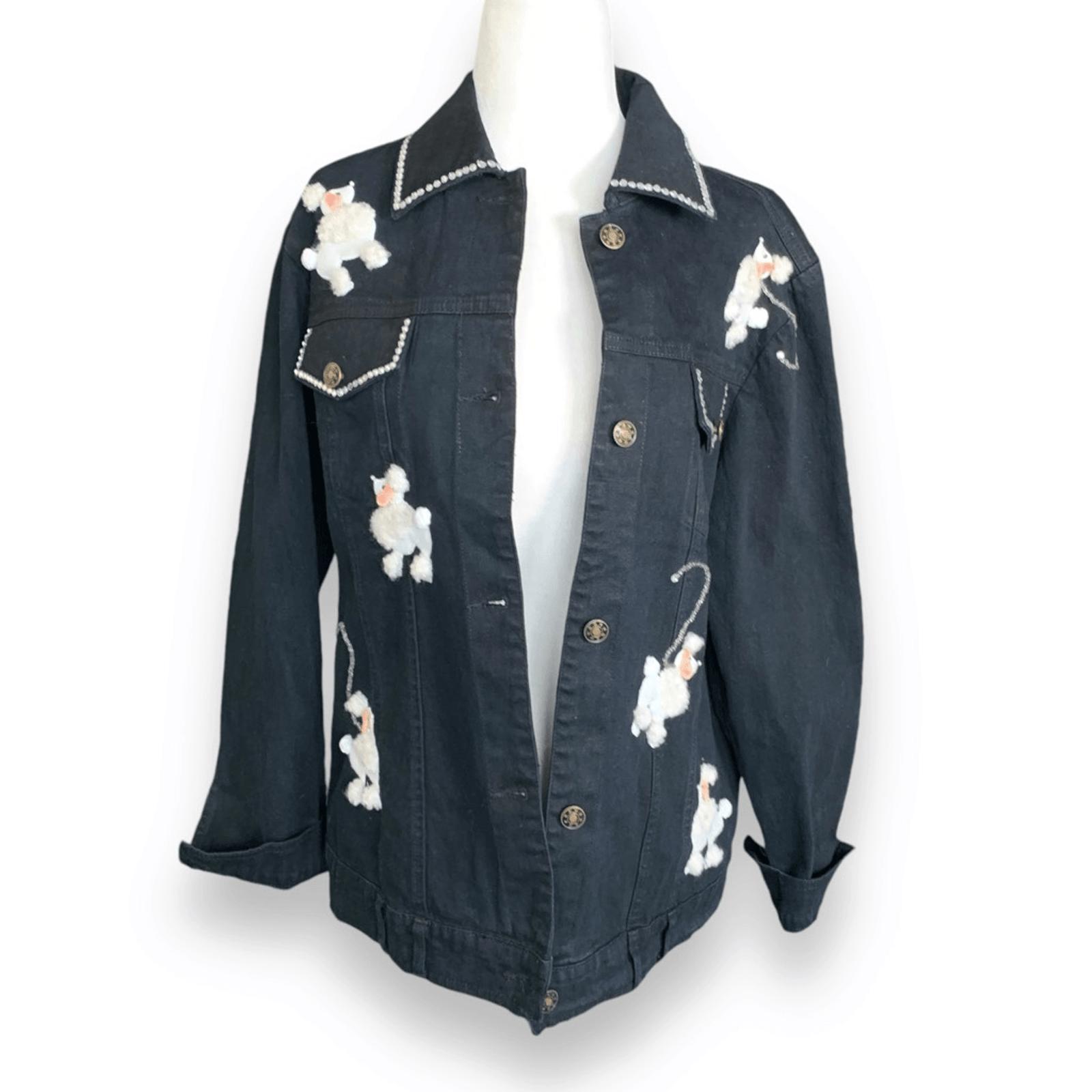 Y2K Quacker Factory Denim Jacket: Poodle Embroidery, Pearl Trim