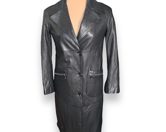 1990s Black Leather Longline Coat, Minimalist Euro Style (US Small)