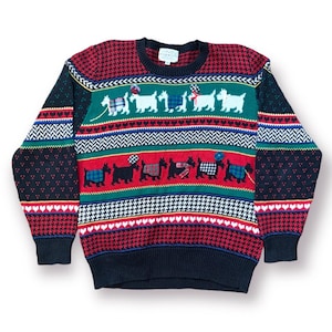 1992 Susan Bristol Scottie Dog Sweater Large Red Navy Blue Green Fair Isle Holiday Christmas Pullover Novelty 90s Ramie Cotton Knit Crewneck