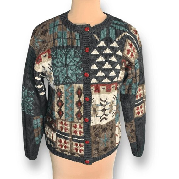 Vintage Nordic Patchwork Cardigan: Wool Blend Kni… - image 9