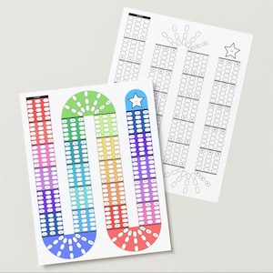 May include: Two printable game boards for a 100-square game. One board is a rainbow-colored spiral with a star at the finish line. The other board is a black and white version of the spiral.
