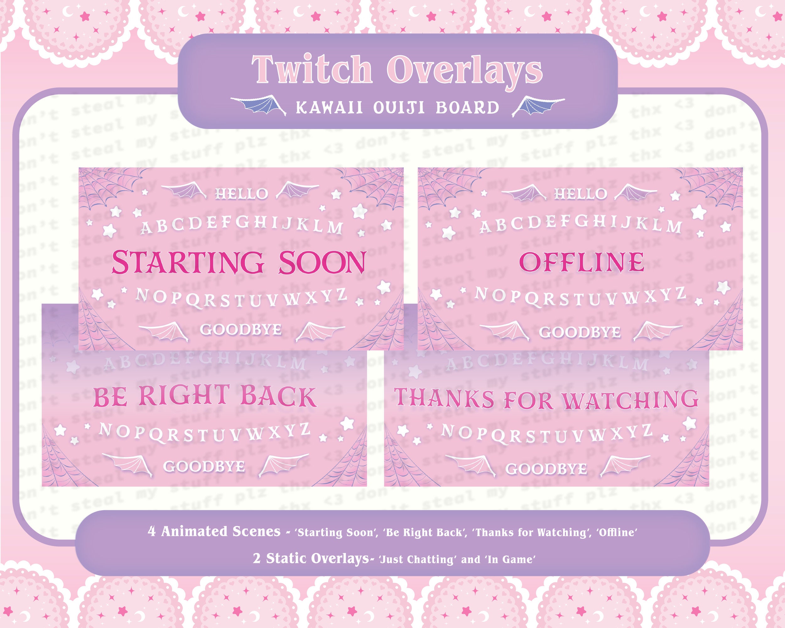 Animated Pink Ouiji Board Twitch Overlays and Scenes- Starting Soon, Be Right Back, Thanks for Watching, Offline, Gameplay and Just Chatting