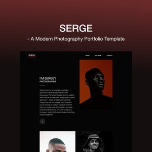 Könnte beinhalten: Eine Website-Startseite für einen Fotografen namens Sergey. Die Website hat einen schwarzen Hintergrund mit weißem Text und einen roten Hintergrund mit einem Schwarzweißporträt einer Person. Der Text auf der Website lautet "Ich bin Sergey Fotograf" und "Willkommen in meinem Fotografie-Portfolio! Ich bin spezialisiert auf Porträtfotografie, die die natürliche Schönheit jedes Motivs zeigt. Mit Fokus auf minimalistisches Design und einen unverstellten Ansatz erstelle ich zeitlose und authentische Bilder, die Ihre einzigartige Geschichte erzählen. Egal, ob Sie einen besonderen Moment mit Ihren Lieben festhalten oder ein atemberaubendes professionelles Porträt erstellen möchten, ich bin hier, um Ihnen zu helfen, Ihre Vision zum Leben zu erwecken. Lassen Sie uns gemeinsam etwas Magisches schaffen."
