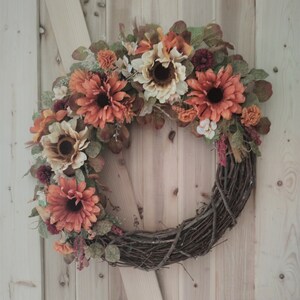 Rustic fall wreath | orange and cream | Fall Wreath for Front Door | Orange Sunflower | Cream Sunflowers | Rustic Wreath | Rustic Farmhouse