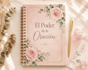 May include: A spiral-bound notebook with a soft pink cover featuring floral illustrations of roses and eucalyptus leaves. The text reads PLAN DE LECTURA BÍBLICA, El Poder de la Oración, and 25 Días · Descarga Instantánea. A gold pen rests beside it.