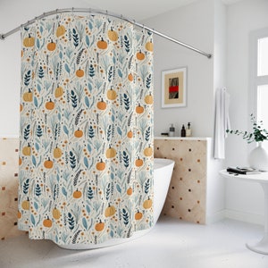 Boho Farmhouse Halloween Shower Curtain | Blue Fall Autumn Pumpkins Aesthetic | Bathroom Decor Accessory | Quick Dry Fabric