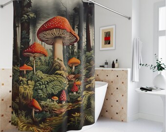 May include: A shower curtain featuring a vintage illustration of red and white mushrooms in a forest setting. The mushrooms are surrounded by green ferns and leaves.