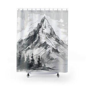 Black and White Mountain Shower Curtain | Minimalist Decor | Black and White Home | Mountain Art | Nature Washable Shower Curtain