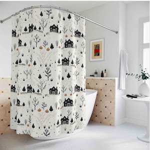 Minimalist Modern Farmhouse Autumn Fall Shower Curtain | Halloween Black White Monochromatic Aesthetic Bathroom Decor | Quick Dry Fabric