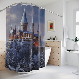 Winter Christmas Wizard Castle Shower Curtain - Fantasy Storybook Fairytale - Master Guest Teen Nerd Legacy Gamer Bathroom - Fabric