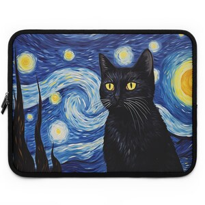 May include: A black cat with yellow eyes is featured against a blue and yellow starry night background. The cat is the focal point of the image, with the starry night background resembling Vincent van Gogh's famous painting, "The Starry Night".