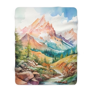 Watercolor Mountain Blanket | Beautiful Sherpa Fleece Blanket | Colorful Western Blanket | Gift for Parents and Grandparents
