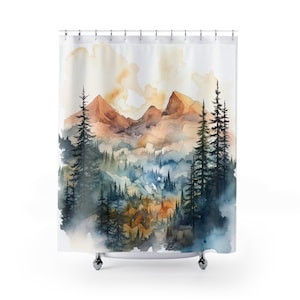 Mountain Shower Curtain Rustic Nature Bathroom Decor Watercolor Aesthetic Serene Master Guest Bathroom Water Resistant and Washable