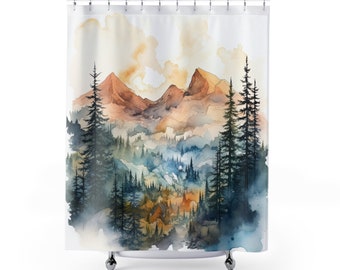 Mountain Shower Curtain Rustic Nature Bathroom Decor Watercolor Aesthetic Serene Master Guest Bathroom Water Resistant and Washable