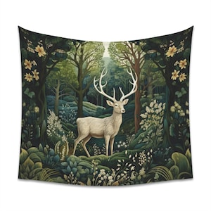Tapiz de pared con ciervo blanco: tapiz bohemio victoriano, paisaje natural, decoración oscura para el hogar, sala de estar, dormitorio, regalo