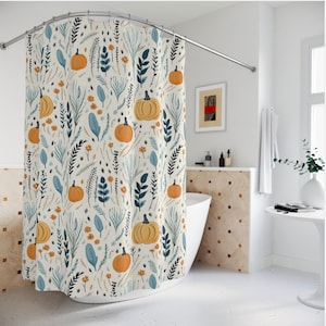 Boho Farmhouse Halloween Shower Curtain | Blue Fall Autumn Pumpkins Aesthetic | Bathroom Decor Accessory | Quick Dry Fabric