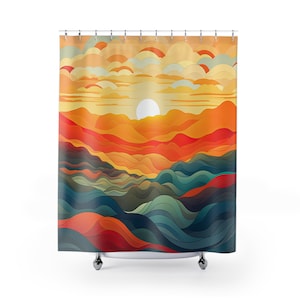 Boho Shower Curtain | Sunrise over Mountains Bathroom curtain | Bohemian Home Decor| Retro Vintage Shower