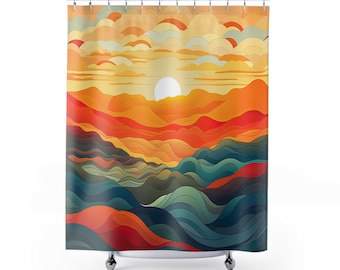 Boho Shower Curtain | Sunrise over Mountains Bathroom curtain | Bohemian Home Decor| Retro Vintage Shower