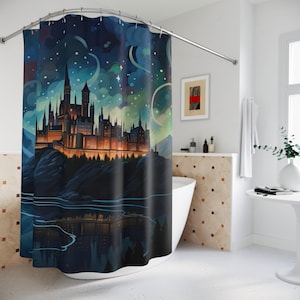 Wizard Castle Shower Curtain | Fantasy Whimsical Magic Aesthetic Guest Master Bathroom Accessory Decor - Quick Dry