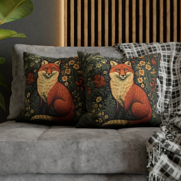 Fox Pillow | William Morris Inspired Fox Forest Pillow | Cottagecore Aesthetic Floral Botanical | Maximalist Rich Decor | INSERT INCLUDED