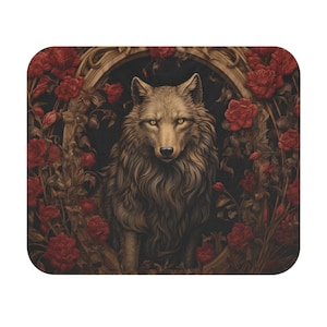 May include: A brown wolf with a long, bushy tail stands in a frame of red roses and vines. The wolf's eyes are a piercing yellow, and its fur is detailed with intricate markings. The background is a dark, shadowy forest.