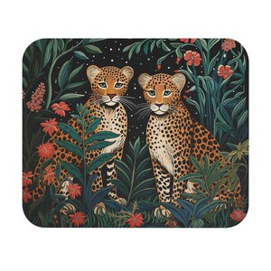 May include: Two leopards with black spots are standing in a lush jungle setting. The leopards are surrounded by green leaves and flowers in shades of red, orange, and yellow. The background is a dark blue with white stars.