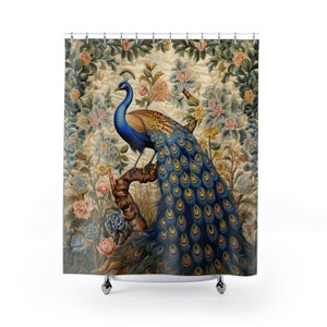 Medieval Peacock Botanical Shower Curtain | Nature Exotic Home Decor | Luxury Master Guest Bathroom | Washable Water Resistant Standard
